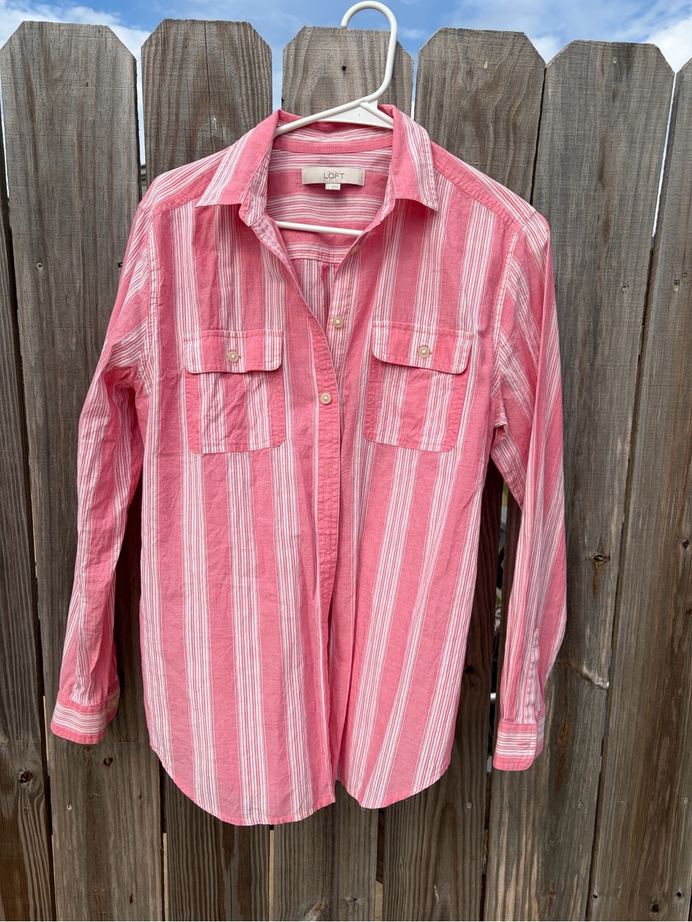 LOFT Pink and White Striped Button-Down Shirt